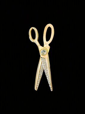 Vintage 80s Gold Plated Rhinestone Scissors Brooch Pin 4" Large